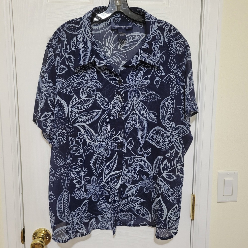 Susan Graver Style Navy Blue White Floral Chiffon Button Up Blouse Plus Size 2X